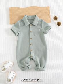 Cozy Pixies Baby Boy Simple Solid Knit Soft Casual Lapel Button-Front Long Sleeve Romper With Pants, Versatile For Summer
