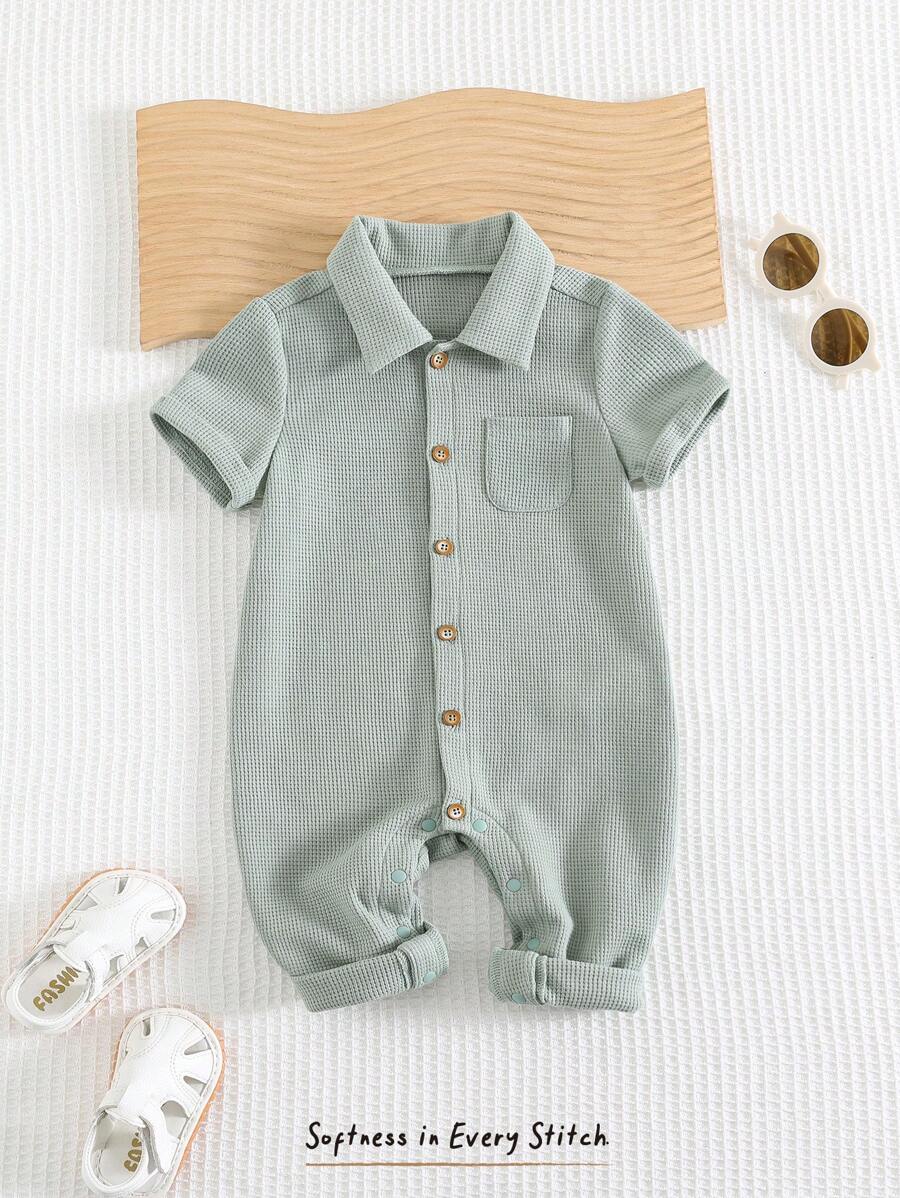 Cozy Pixies Baby Boy Simple Solid Knit Soft Casual Lapel Button-Front Long Sleeve Romper With Pants, Versatile For Summer