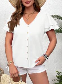 SHEIN VCAY Plus Size Layered Ruffle V-Neck Short Sleeve Vacation Shirt - White - View 6
