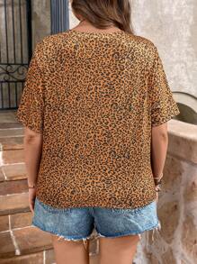 SHEIN LUNE 大码女式豹纹短袖 T 恤下摆交叉扭纹休闲夏装