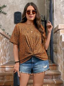 SHEIN LUNE 大码女式豹纹短袖 T 恤下摆交叉扭纹休闲夏装