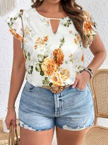 SHEIN VCAY Plus Size Women's Holiday Floral Print Ruffle Sleeve Casual Blouse - Orange - View 1
