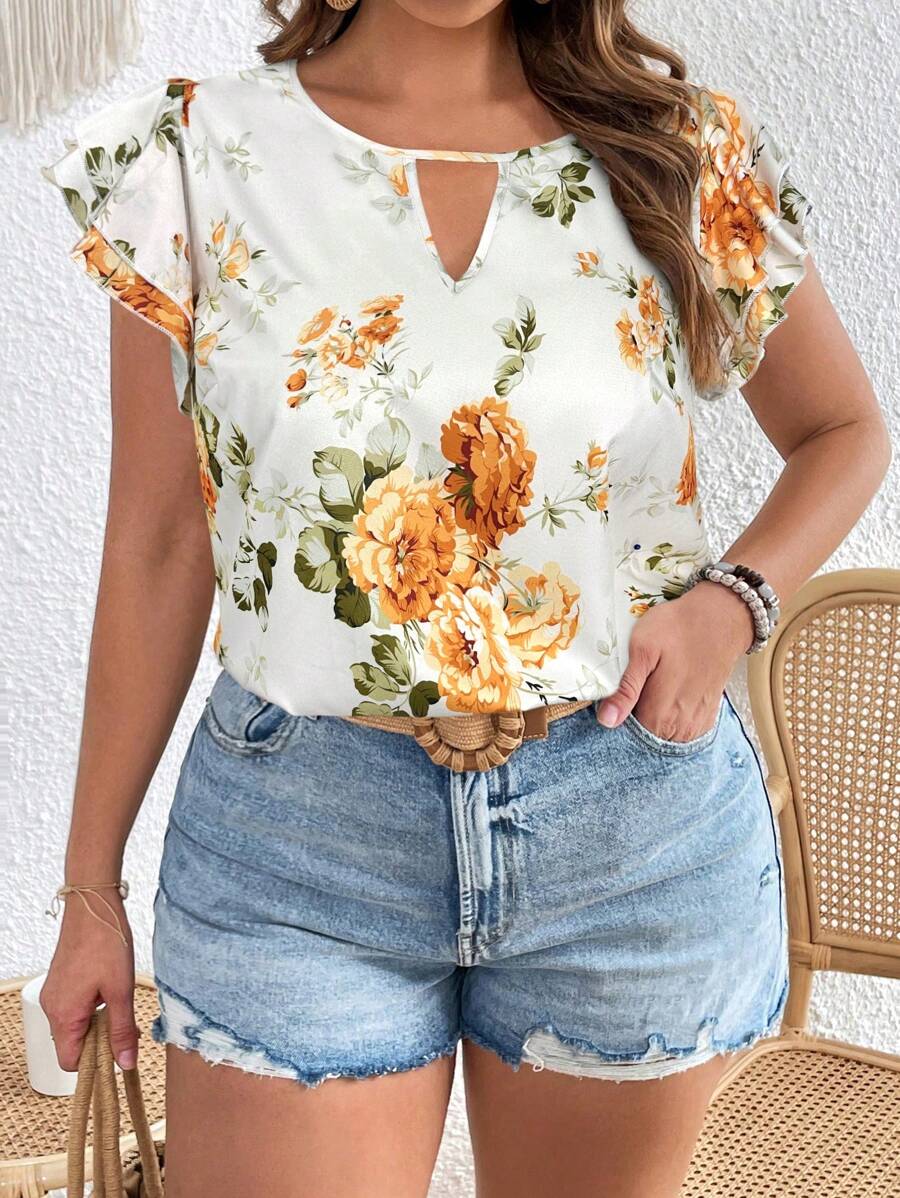 SHEIN VCAY Plus Size Women's Holiday Floral Print Ruffle Sleeve Casual Blouse - Orange - View 1