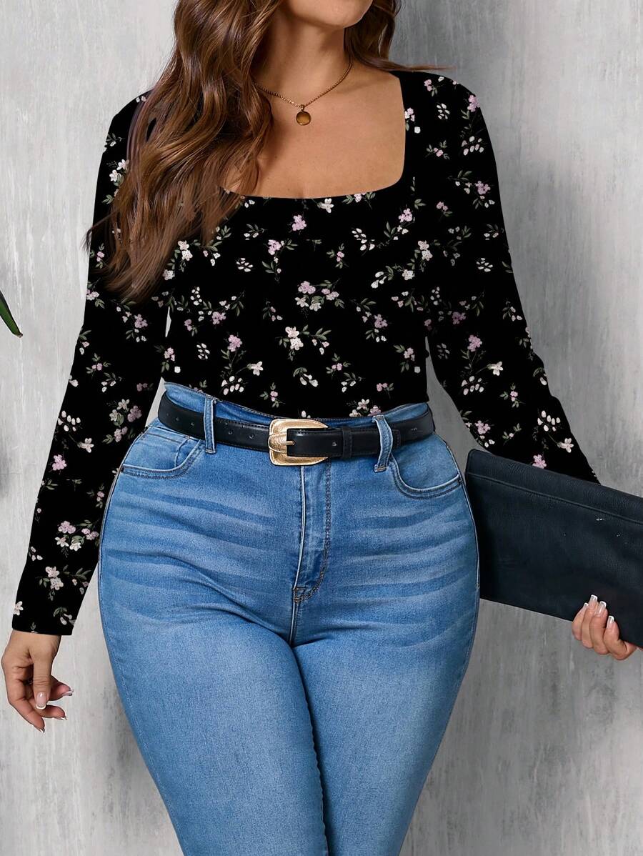 SHEIN LUNE Áo thun nữ cỡ lớn in họa tiết hoa nhí, dáng rộng, cổ vuông, thích hợp mặc mùa xuân, hè và thu. - Nhiều màu - Xem 1