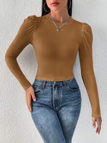 SHEIN Privé Women's Solid Round Neck Puff Sleeve Fitted T-Shirt - Khaki - View 5