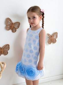 Abito a slip senza maniche con fiore grande in tessuto jacquard blu ramadan, con sacchetto abbinato, stile principessa elegante per giovani donne - Blu - Visualizzare 3