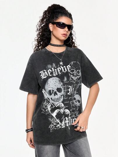 Grunge Punk Camiseta con estampado gráfico de calavera y lema de estilo grunge punk con impresión de dirección opuesta, para mujer, para la escuela