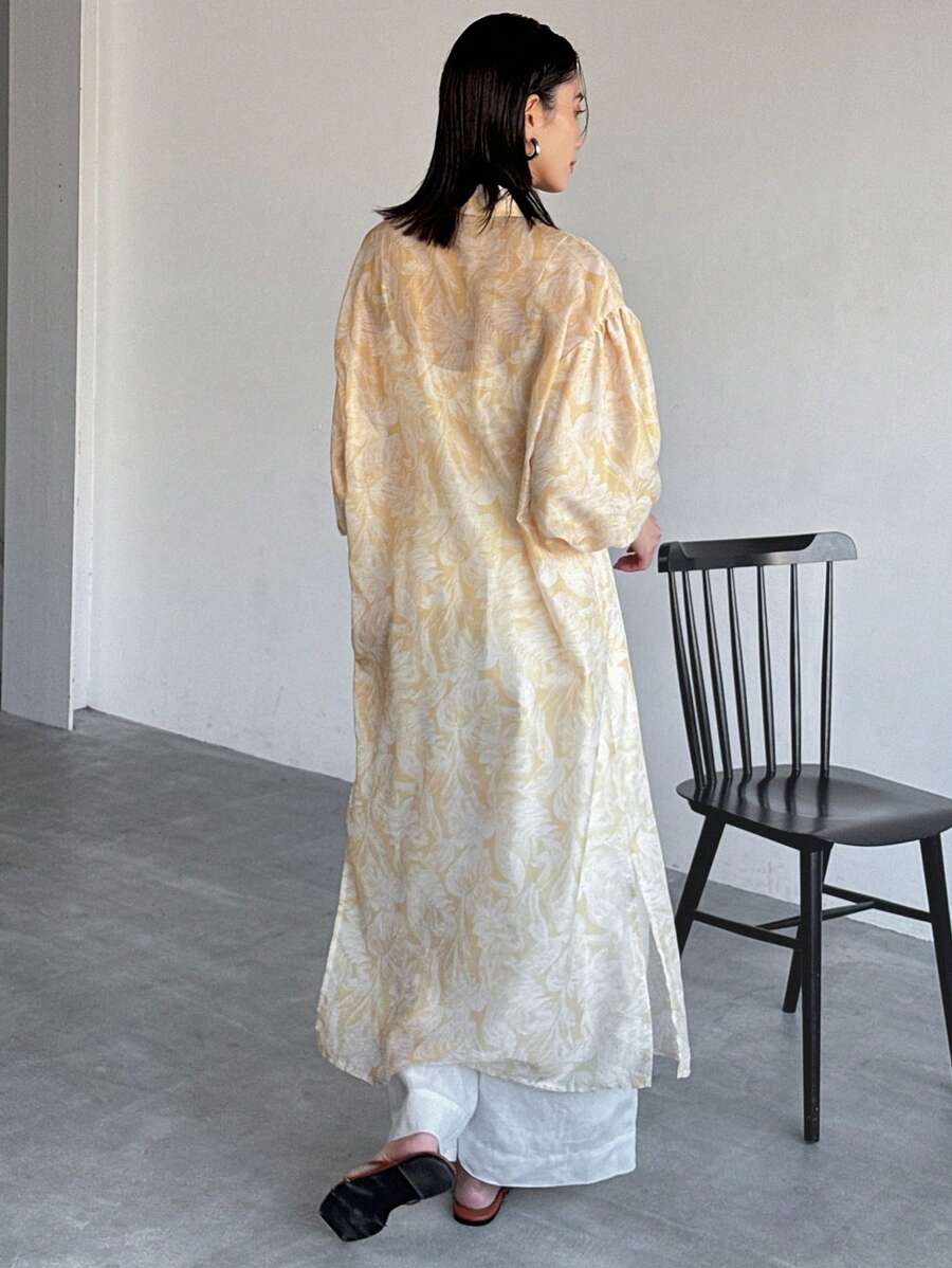 FRIFUL Women's Floral Print Puff Sleeve Oversized Extra Long Shirt Long Sleeve Top - Apricot - View 1