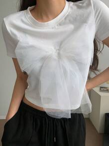 DAZY 女士纯色短袖 T 恤，简约时尚休闲日常 - 白色 - 查看 9