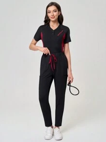 TaskEZ 2pcs Contrast Color Scrub Top And Pants Scrub Uniform Set - Multicolor - View 1