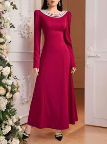 Modelyn Đầm dài màu đỏ đính chuỗi ngọc trai thanh lịch dành cho nữ Đầm dạ hội dài - Đỏ - Xem 2