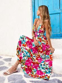 Vivid Eden 编织浪漫花卉印花交叉露背 V 领细肩带女式连衣裙，夏季服装，情人节，女士度假服装，女士沙滩装，节日，浪漫，波西米亚风，波西米亚风，甜美，狂欢节服装，热带度假女装，狂欢节，太阳裙