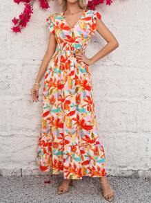 SHEIN Clasi Orange Floral Print Cap Sleeve Women's Dress,Summer, Vacation Outfits Woman,Summer Outfits For Women,Beach Outfits For Woman - Orange - View 3