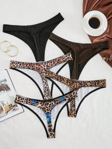 5 Pieces Set Of Women's Low Waist Solid Color Sexy Leopard Print Butterfly Print Thong