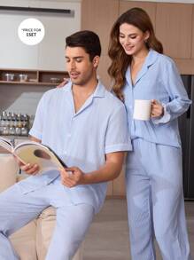 Men's Front Button Short Sleeve Striped Simple Pajama Set With Pants