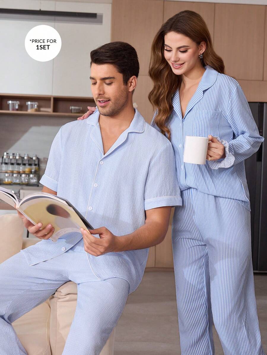 Men's Front Button Short Sleeve Striped Simple Pajama Set With Pants