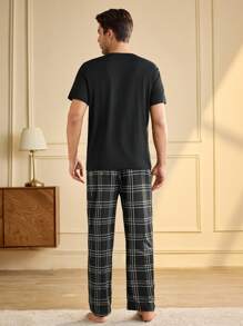 Manfinity Underwear&Sleepwear Basics 2pcs Men's Letter Print Short Sleeve Top And Shorts Pajama Set - Black - View 2