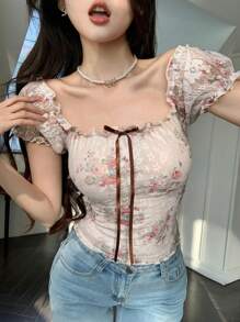 DAZY 蕾丝碎花蝴蝶结镂空上衣，荷叶边装饰，适合夏季、度假或复活节穿着，波西米亚风情。 - 米色 - 查看 6