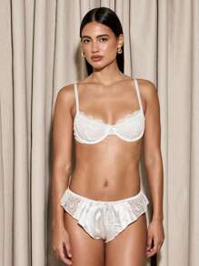 AiiRZ Delicate Lace Trim Underwire Bra And Knicker Set Lingerie Set With Floral Embroidery Scalloped Edges Satin Bridal Lounge - White - View 1