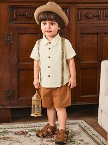 Cozy Pixies 2pcs Baby Boy Traditional Pattern Lapel Short Sleeve Cardigan Top And Elastic Waist Shorts Set - Brown - View 1