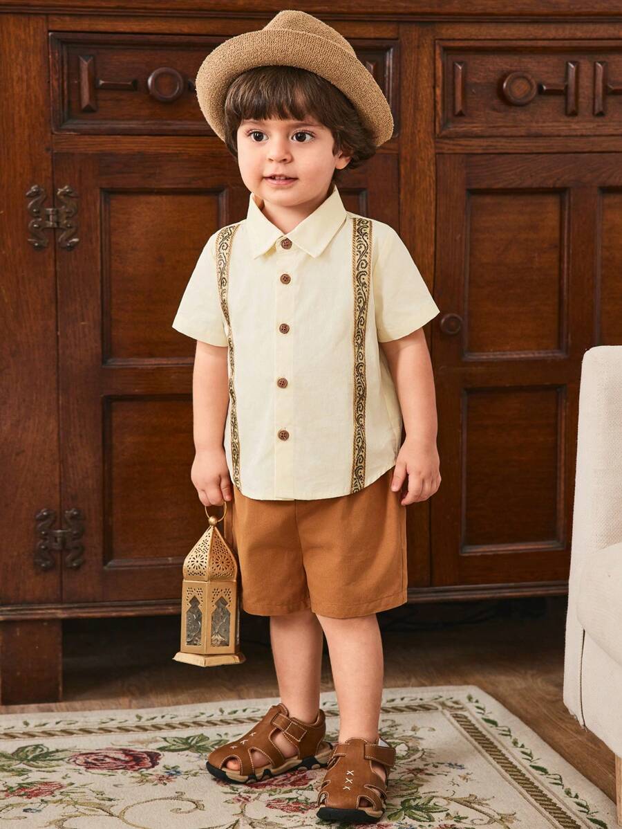 Cozy Pixies 2pcs Baby Boy Traditional Pattern Lapel Short Sleeve Cardigan Top And Elastic Waist Shorts Set - Brown - View 1
