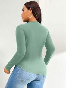 SHEIN Essnce Plus Size Asymmetrical Hem Long Sleeve Mock Neck Fitted T-Shirt - Mint Green - View 2