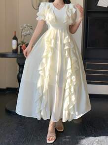 DAZY Gaun Maxi Wanita Model Summer Dress dengan Kerah V dan Hem Bergelombang Warna Polos Panjang Sedang - Krem - View 4