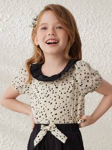 Blossori Spring & Summer Elegant Young Girls Set: French Style Apricot Base Black Polka Dot Blouse & Black Woven 7/8 Pants - Black and White - View 4