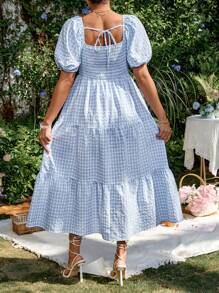 SHEIN 蓝色格子泡泡袖圆领孕妇连衣裙 - 淺藍色 - 查看 2