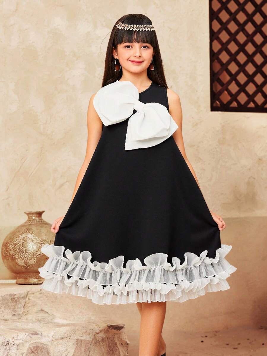 SHEIN Leap Crew Vestido eleg en blanco y negro con lazo y plisado en la Bottom para niñas preadolescentes - Negro - Ver 1