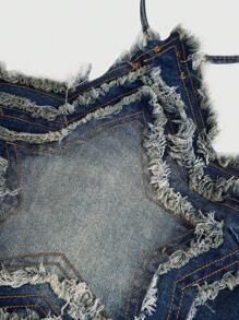 SHEIN Teen Girls' Grunge Punk Y2K Vintage Distressed Punk & Adventure Five-Pointed Star Patch Denim Top,Girls Spring Summer Beach Boho Concert Rave Festival Outfits