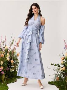 Modelyn 女士优雅碎花雪纺露肩长袖荷叶边下摆连衣裙 - 彩色 - 查看 4