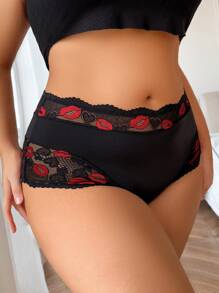 Plus Size Sexy Lace Patchwork Comfortable Panty - Black - View 5