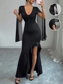 Chiquease Elegantes figurbetontes Meerjungfrauenkleid mit V-Ausschnitt, geripptem Pailletten-Seitenschlitz, Volant-Saum und Pailletten-Mesh-Laternärmeln, für Frühling und Sommer - Schwarz - Übersicht 1