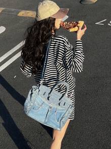 DAZY 2 pezzi/set, camicia a maniche lunghe a righe e pantaloncini larghi casual da donna per vacanze, set donna primavera/estate, corti