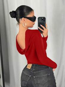 SHEIN ICON Women's Simple Long Sleeve Metallic Shiny Sexy Plunging Neckline T-Shirt