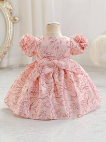 SHEIN Glamorique Kids Vestito formale/da festa per bambini, di colore unito, con vita arricciata e gonna a balze, maniche a sbuffo, elegante per occasioni, adatto per tutte le stagioni - Rosa - Visualizzare 2