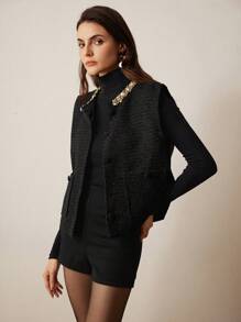 Aveloria Rosie Elegant Vintage Thickened Design Diamante & Pearl Embellished Round Neck Sleeveless Waisted Women Jacket Holiday Party Clothes    Old Money Style For Summer Spring Fall Autumn - Black - View 6