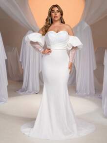 Glamrae Plus Size Elegant Romantic White Sweetheart Neck Puff Sleeve Luxury Sequin Patchwork Knitted Fabric Mermaid Hem With Train Wedding Dress - White - View 2