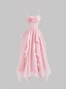 SHEIN MOD 淡粉色梦幻浪漫连衣裙，带有分层荷叶边下摆、蝴蝶结装饰和 3D 花卉装饰，适合情人节、约会、派对、节日、茶会、婚礼和生日场合、情人节服装、女士度假服装、女士夏季服装、女士沙滩服装、狂欢节、情人节礼服、狂欢节服装 - 粉色 - 查看 1