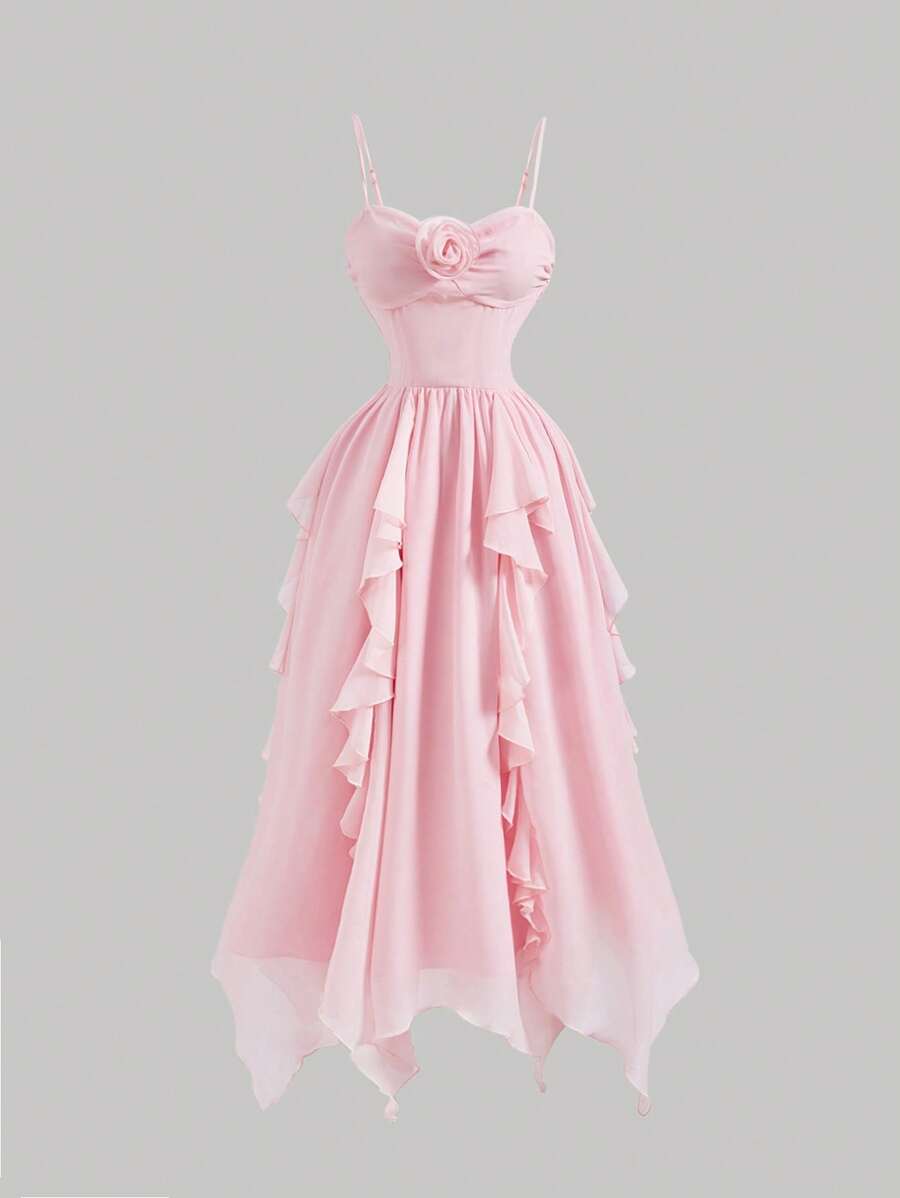 SHEIN MOD 淡粉色梦幻浪漫连衣裙，带有分层荷叶边下摆、蝴蝶结装饰和 3D 花卉装饰，适合情人节、约会、派对、节日、茶会、婚礼和生日场合、情人节服装、女士度假服装、女士夏季服装、女士沙滩服装、狂欢节、情人节礼服、狂欢节服装 - 粉色 - 查看 1