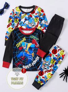 SHEIN 4pcs Young Boy Snug Fit Cartoon Pattern Contrast Color Crew Neck Long Sleeve Top And Pants Soft Comfortable Casual Pajama Set - Multicolor - View 1