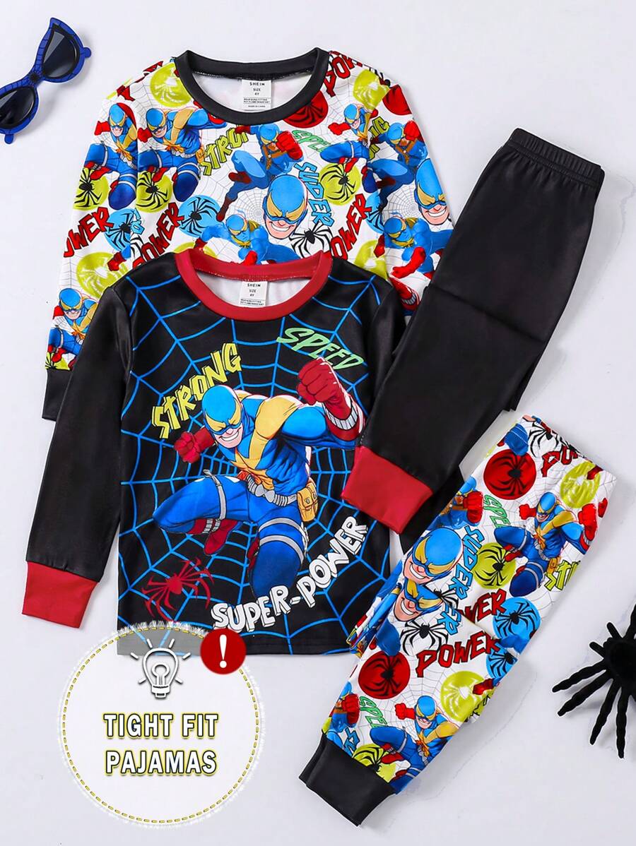 SHEIN 4pcs Young Boy Snug Fit Cartoon Pattern Contrast Color Crew Neck Long Sleeve Top And Pants Soft Comfortable Casual Pajama Set - Multicolor - View 1