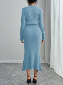 Calvaya Fashionable Fitted Crew Neck Long Sleeve Cable Knit Fishtail Hem Brown Sweater Dress For Women, Autumn/Winter