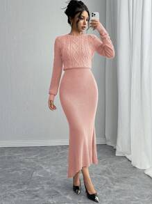 Chiquease Fashionable Fitted Round Neck Long Sleeve Cable Knit Fishtail Hem Brown Sweater Dress For Women, Autumn/Winter