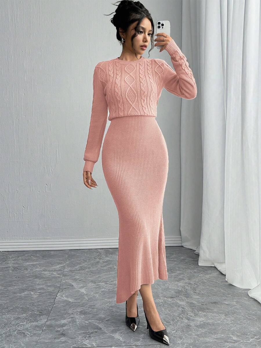 Chiquease Fashionable Fitted Round Neck Long Sleeve Cable Knit Fishtail Hem Brown Sweater Dress For Women, Autumn/Winter