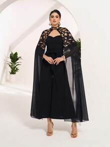 Al Najma Women's Floral Embroidery Mesh Patchwork Wide Leg Jumpsuit - Black - View 4