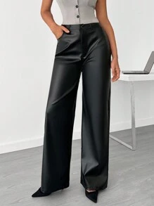 EURMUSE Woman Clasi Pu Leather Zipper Front Wide Leg Casual Pants Solid Color Loose - Black - View 1