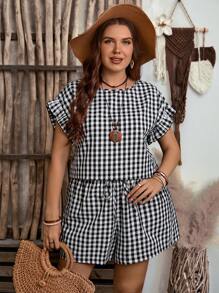 EMERY ROSE 2pcs/Set Plus Size Casual Round Neck Plaid Print Short Sleeve Top And Shorts Set Summer Outfits Spring Outfits For Women Vacation Outfits Woman Beach Outfits For Women - Black and White - View 6