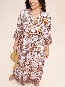 SHEIN LUNE Notched V-Neck Printed Long Dress Ramadan Summer/Spring Clothes - Multicolor - View 7